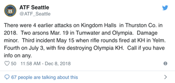 ATF Seattle tweet detailing the attacks against Kingdom Halls