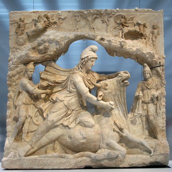 A depiction of Mithras, the pagan god of light  and truth, slaying a bull.