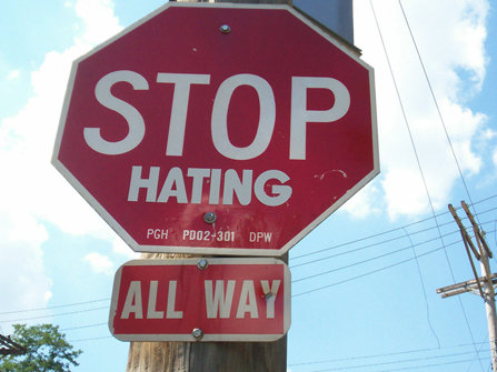 Stop sign that says: Stop Hate