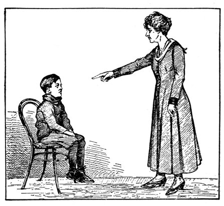 A black and white sketch of a woman scolding a little boy