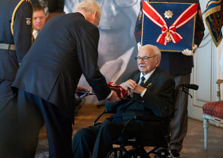 Sir Nicholas Winton being awarded the Order of the White Lion Czech President Milos Zeman (left) at Prague Castle in Prague, Czech Republic, 28 October 2014