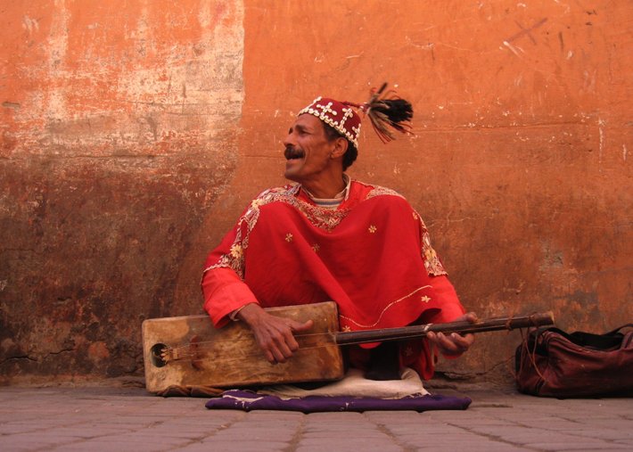A guembri player in Marrakesh, Morocco. 
