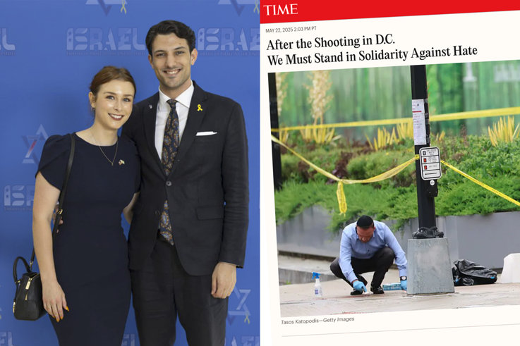 Two staff who were murdered and a man cleaning up their blood off the street