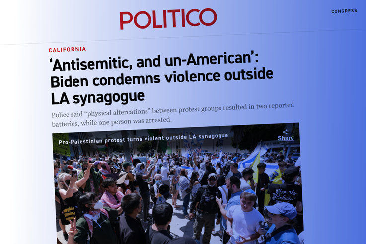 La Casa Blanca condena el bloqueo de la sinagoga de Los Ángeles, el antisemitismo y la violencia La Casa Blanca condena el bloqueo de la sinagoga de Los Ángeles, el antisemitismo y la violencia