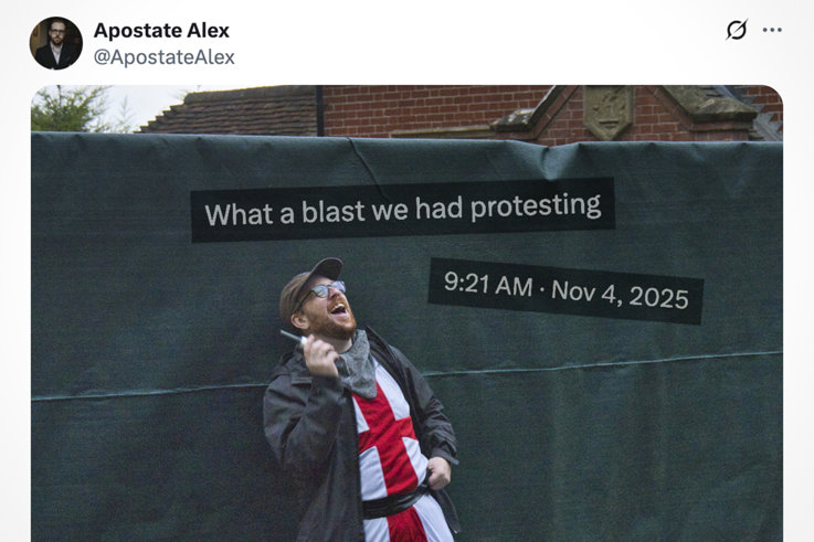 Alex Barnes-Ross dressed up screaming in the rain