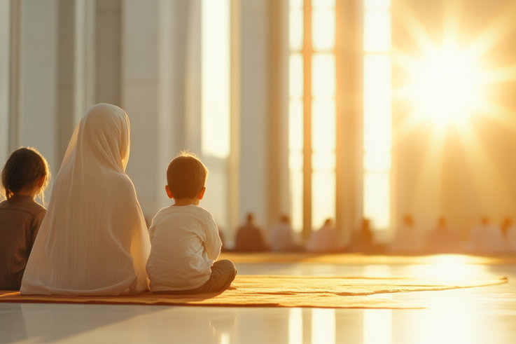 Muslim mother and children in prayer