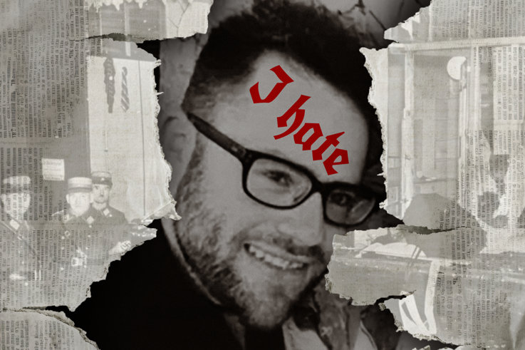 WGTC David James surrounded by newspapers and Nazi broken glass night