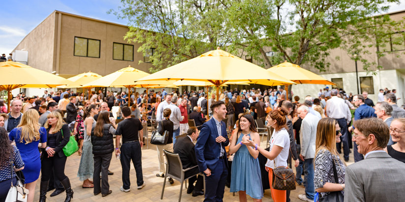 Guests gathering in the outdoor cafe after the grand opening of the Church of Scientology of the Valley
