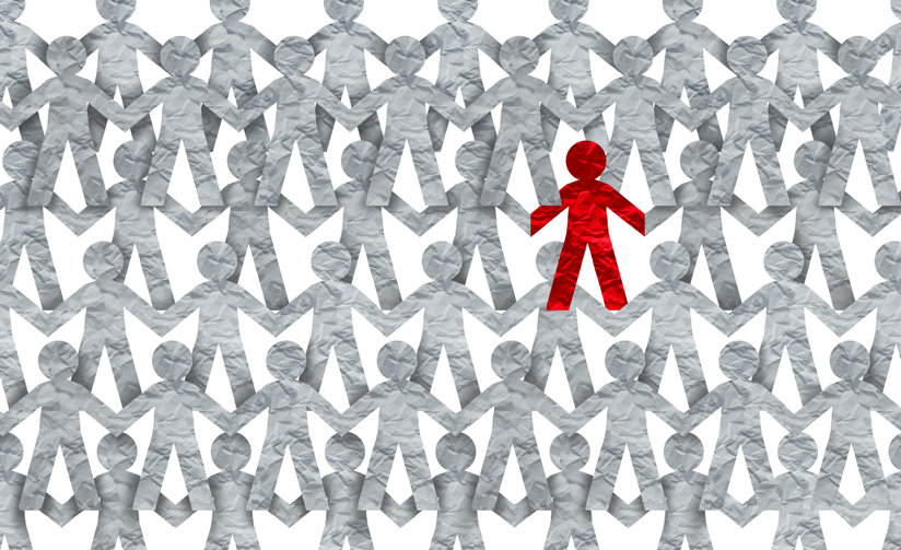 Group of gray people with one red person