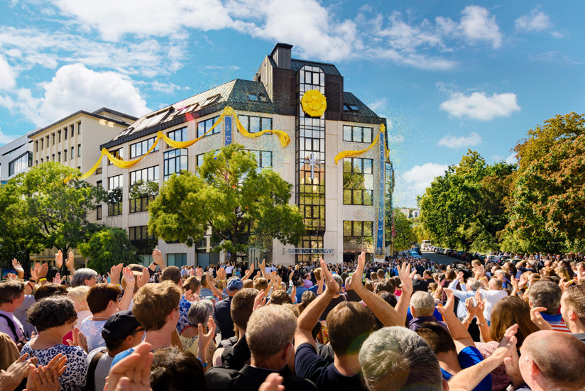 Church building with crowd