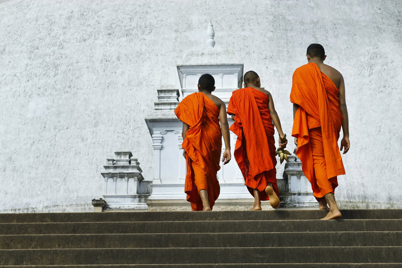 Monks walking up steps