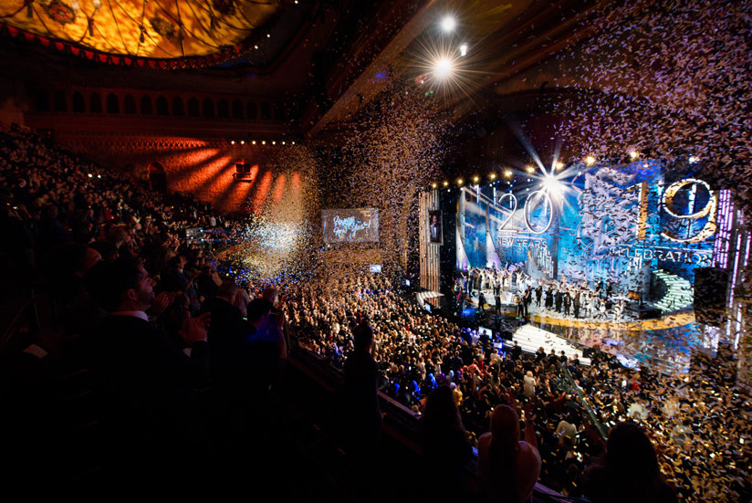 An auditorium and confetti