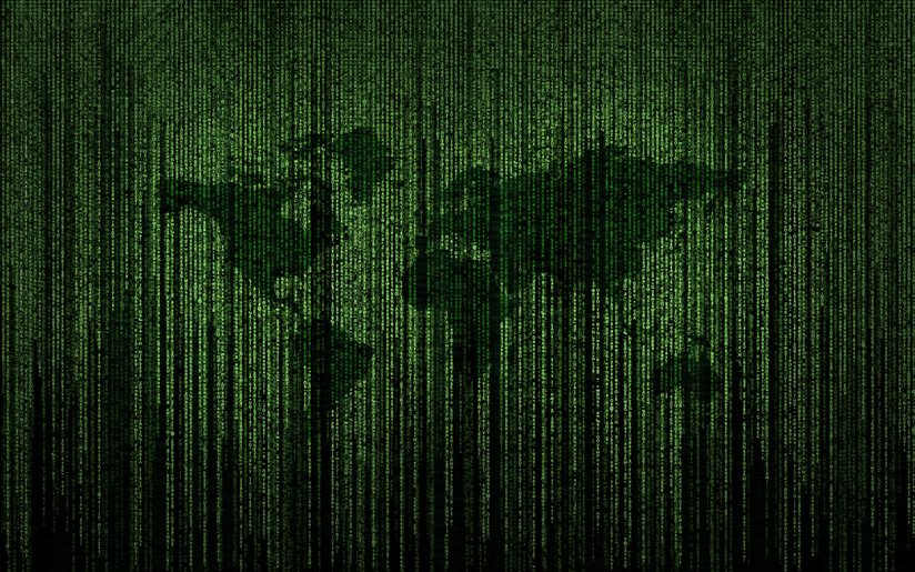 Matrix numbers laid over a map of the world