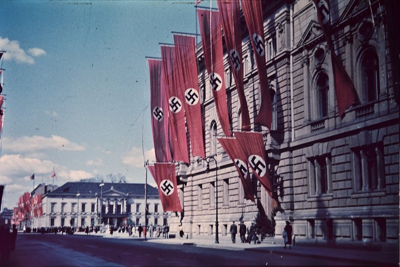 A building with Nazi swastikas