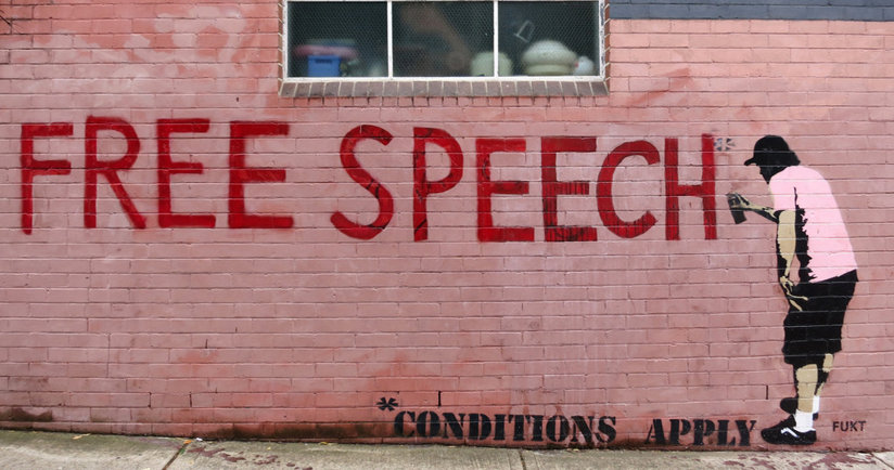 Brick wall with freedom of speech written on it