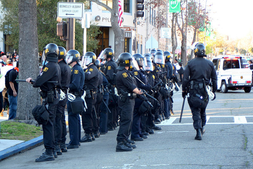 Riot police line-up near Berkeley campus.